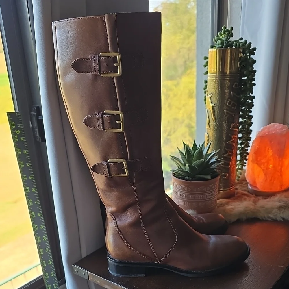 Ecco Brown Knee High Leather Moto Boots with Buckles 37